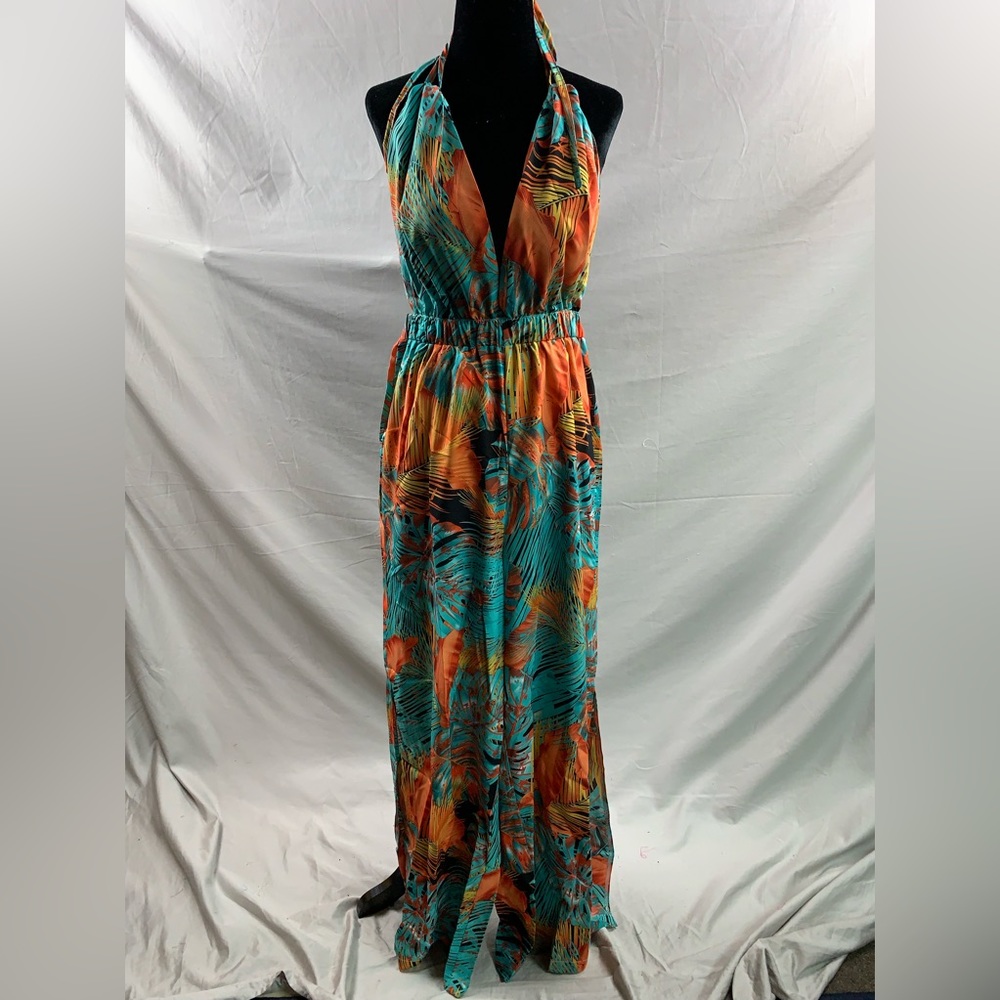 Tropical Print Tie Backless Split Thigh Halter Jumpsuit - Picture 6 of 8